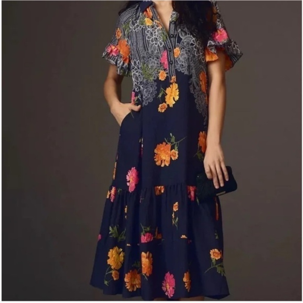 Anthropologie Ruffle Sleeve Floral Midi Dress in Navy Size Small